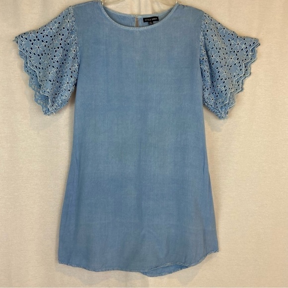 Eyelet Sleeve Pale Denim Chambray Blue Mini Dress by Style Envy Fairy Feminine - Picture 8 of 10